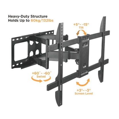 Lumi LPA69-466 full-motion TV wall mount load rating graphic, rated for 60 kg (132 lbs)