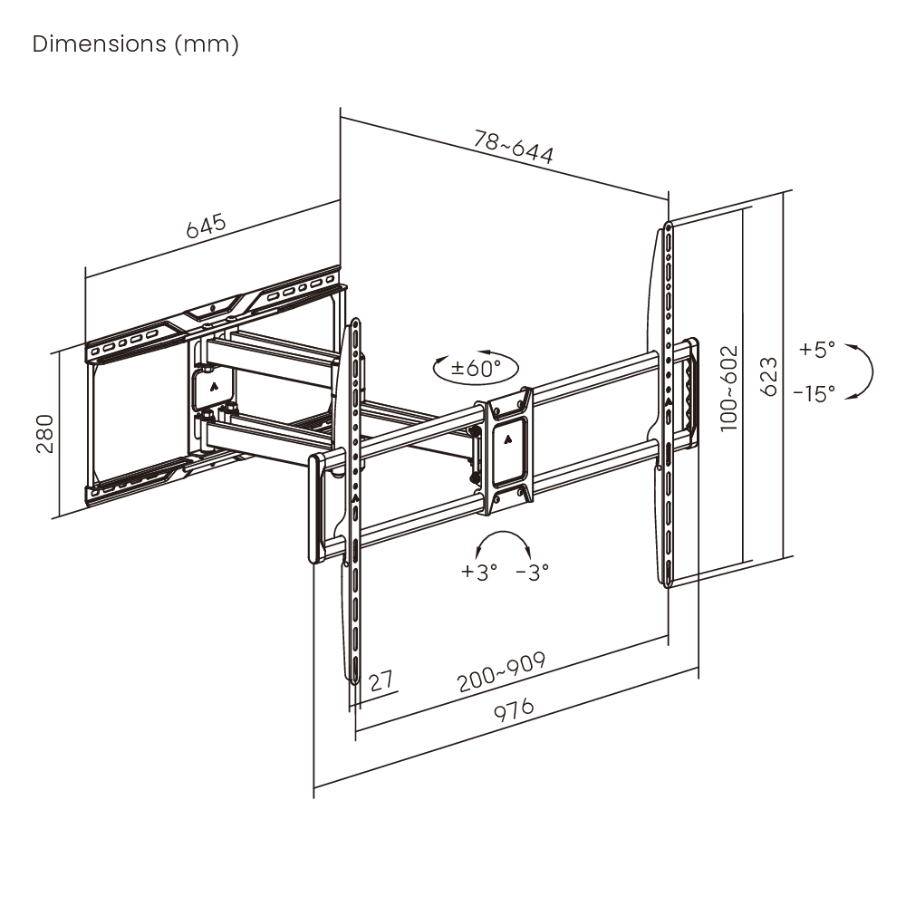Dimension drawing of the Lumi LPA86-696A full-motion TV wall mount showing overall size and mounting dimensions