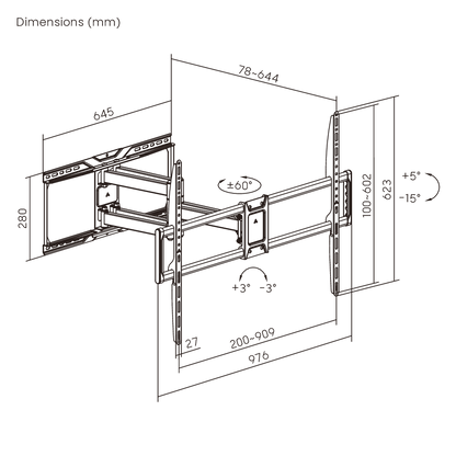 Dimension drawing of the Lumi LPA86-696A full-motion TV wall mount showing overall size and mounting dimensions