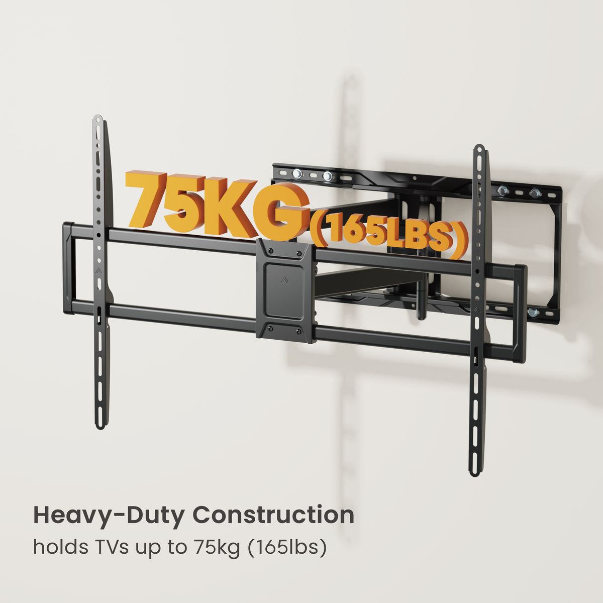 Lumi LPA86-696A full-motion TV wall mount load rating graphic, rated for 75 kg (165 lbs)