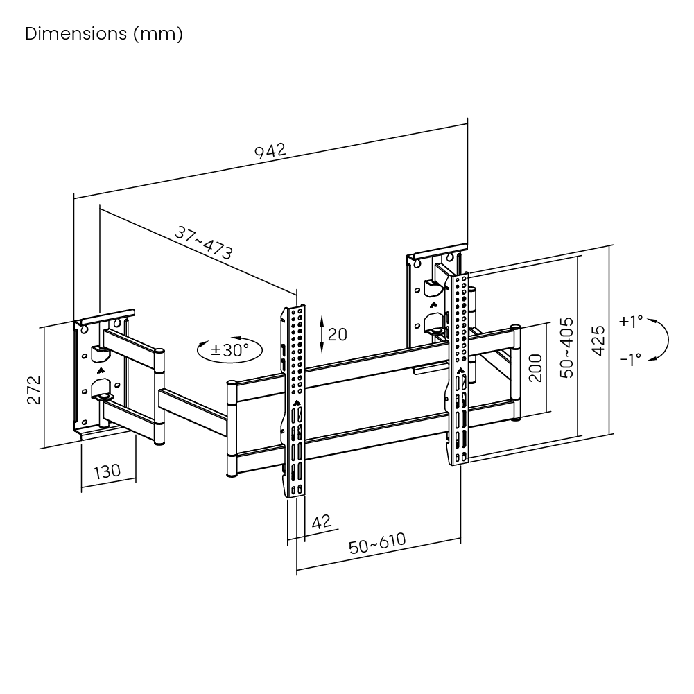 Dimension drawing of the Lumi LPA93-466 full-motion TV wall mount showing overall size and mounting dimensions