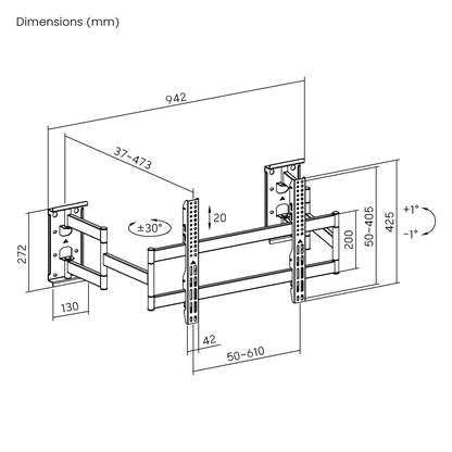 Dimension drawing of the Lumi LPA93-466 full-motion TV wall mount showing overall size and mounting dimensions