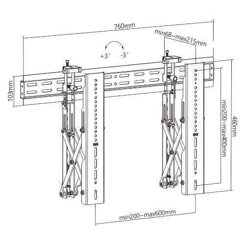 Dimension drawing of the Lumi LVW02-46T video wall mount showing overall size and mounting dimensions