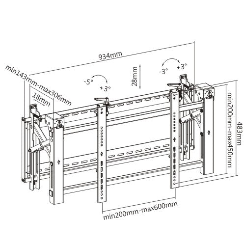 Dimension drawing of the Lumi LVW03-46T video wall mount showing overall size and mounting dimensions