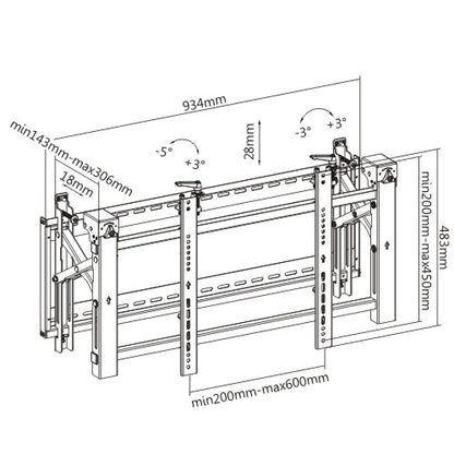 Dimension drawing of the Lumi LVW03-46T video wall mount showing overall size and mounting dimensions