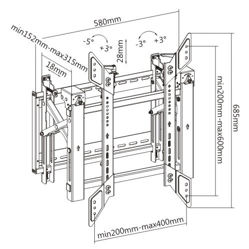 Dimension drawing of the Lumi LVW03-64T video wall mount showing overall size and mounting dimensions