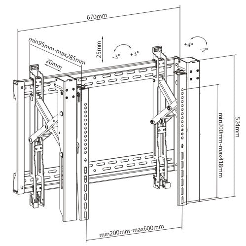 Dimension drawing of the Lumi LVW06-46T video wall mount showing overall size and mounting dimensions