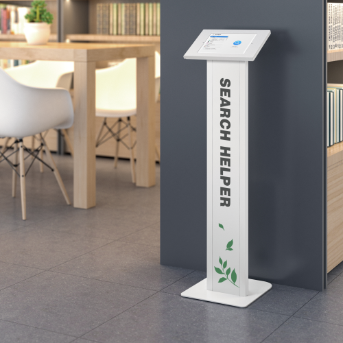 Lumi PAD32-01 anti-theft tablet kiosk floor stand installed in a retail or reception setting