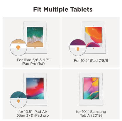 Lumi PAD32-01 anti-theft tablet kiosk floor stand shown with different tablet models