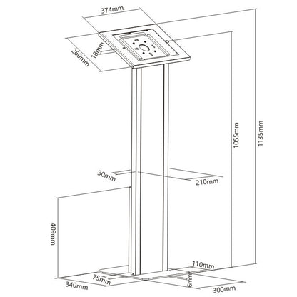 Dimension drawing of the Lumi PAD32-02 anti-theft tablet kiosk floor stand showing overall size and mounting dimensions