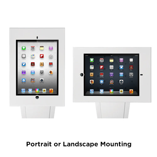 Lumi PAD32-02 anti-theft tablet kiosk floor stand showing portrait and landscape screen rotation