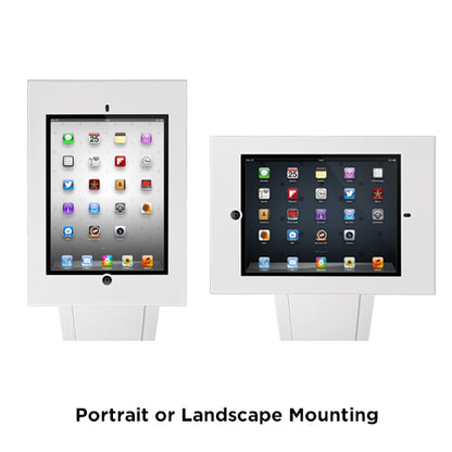 Lumi PAD32-02 anti-theft tablet kiosk floor stand showing portrait and landscape screen rotation
