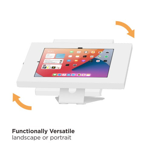 Lumi PAD34-02 anti-theft countertop tablet kiosk stand showing portrait and landscape screen rotation