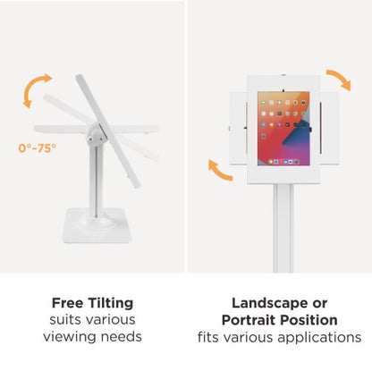 Lumi PAD34-04 anti-theft tablet kiosk floor stand showing the tilt adjustment