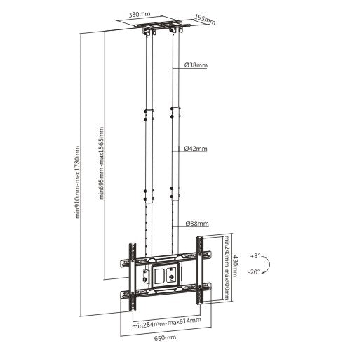 Dimension drawing of the Lumi PLB-CE1046D-02 TV ceiling mount showing overall size and mounting dimensions