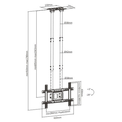 Dimension drawing of the Lumi PLB-CE1046D-02 TV ceiling mount showing overall size and mounting dimensions