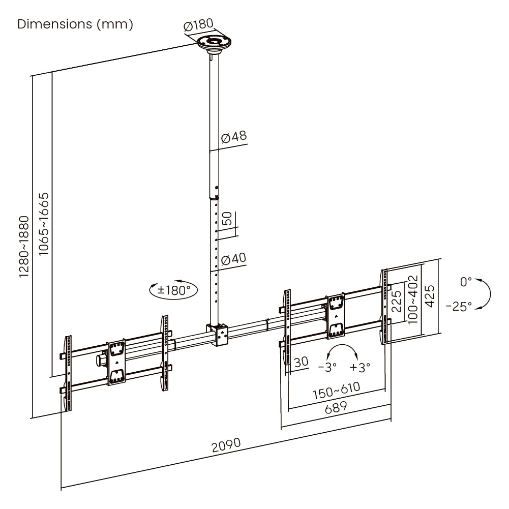 Dimension drawing of the Lumi PLB-CE1546SL TV ceiling mount showing overall size and mounting dimensions