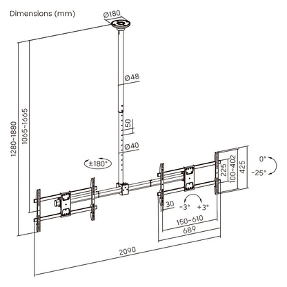 Dimension drawing of the Lumi PLB-CE1546SL TV ceiling mount showing overall size and mounting dimensions