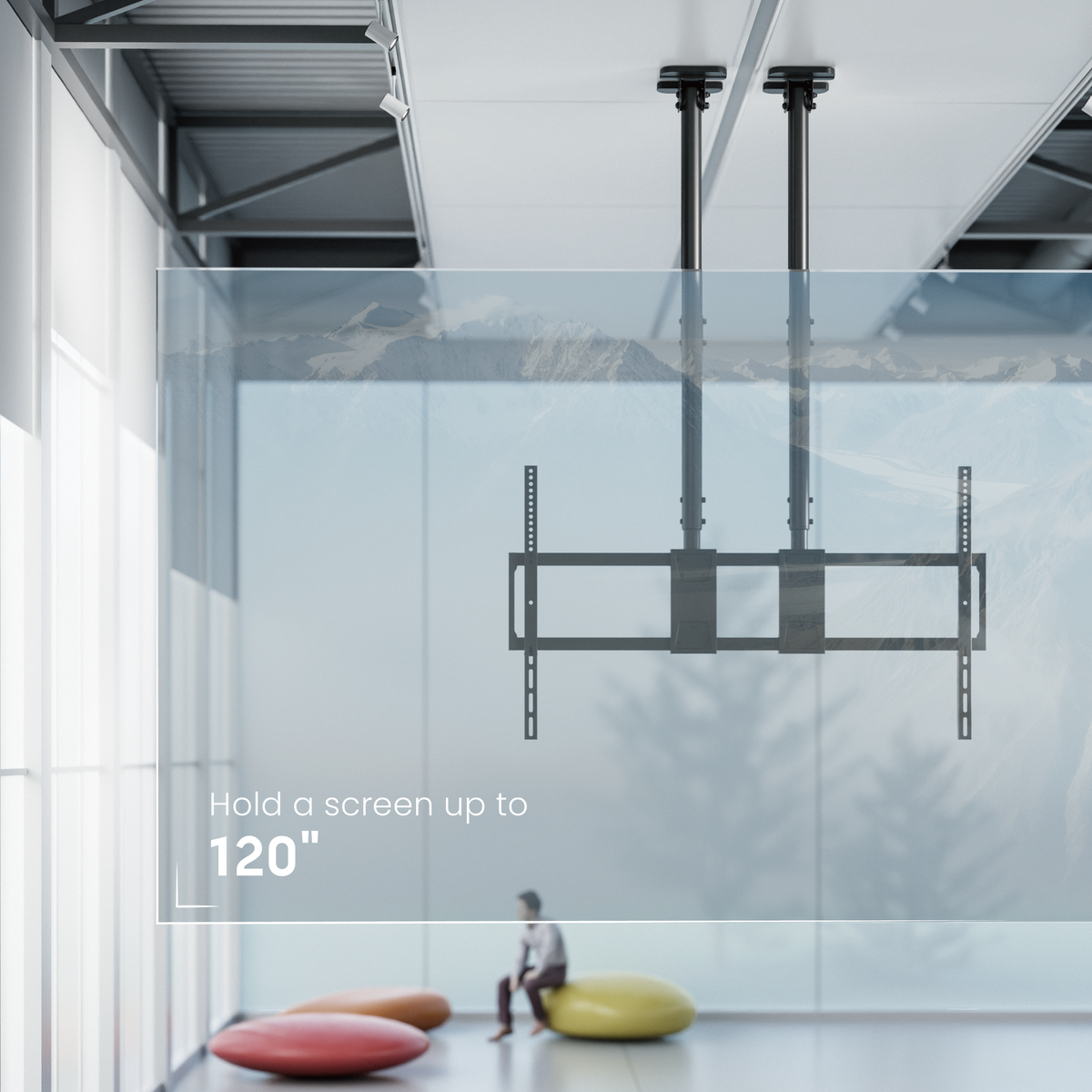 Lumi PLB-CE15610L TV ceiling mount installed in a room with a ceiling-mounted TV