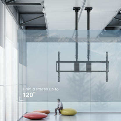 Lumi PLB-CE15610L TV ceiling mount installed in a room with a ceiling-mounted TV