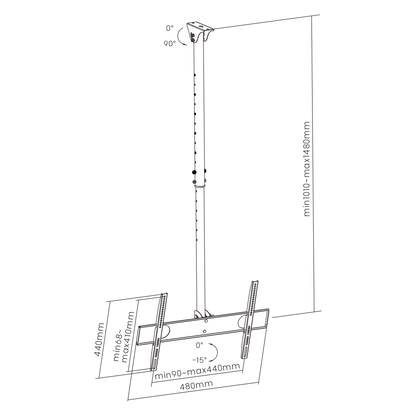 Dimension drawing of the Lumi PLB-CE444 TV ceiling mount showing overall size and mounting dimensions