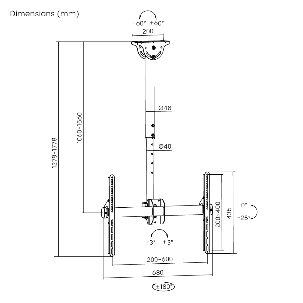 Dimension drawing of the Lumi PLB-CE946-01L TV ceiling mount showing overall size and mounting dimensions