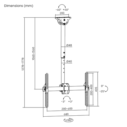 Dimension drawing of the Lumi PLB-CE946-01L TV ceiling mount showing overall size and mounting dimensions