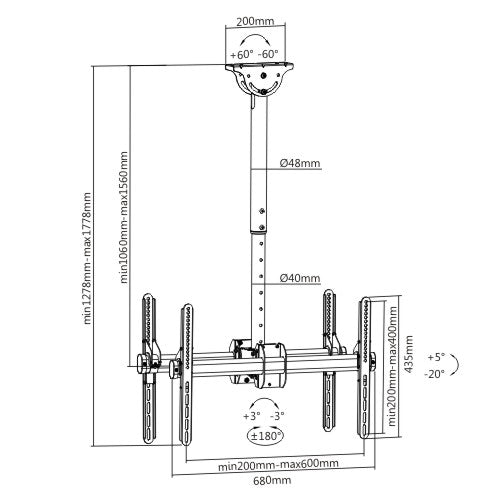 Dimension drawing of the Lumi PLB-CE946-01LD TV ceiling mount showing overall size and mounting dimensions