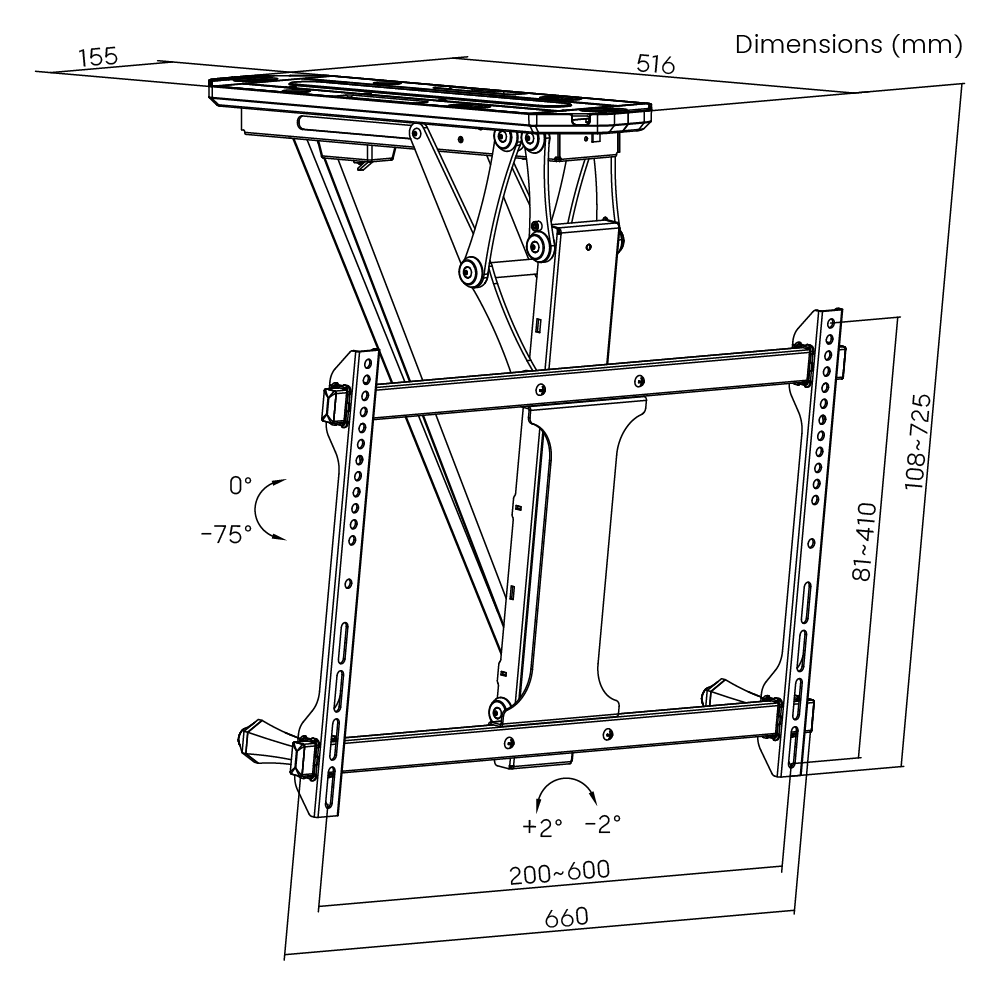 Dimension drawing of the Lumi PLB-M0546 motorized TV ceiling mount showing overall size and mounting dimensions