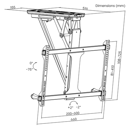 Dimension drawing of the Lumi PLB-M0546 motorized TV ceiling mount showing overall size and mounting dimensions