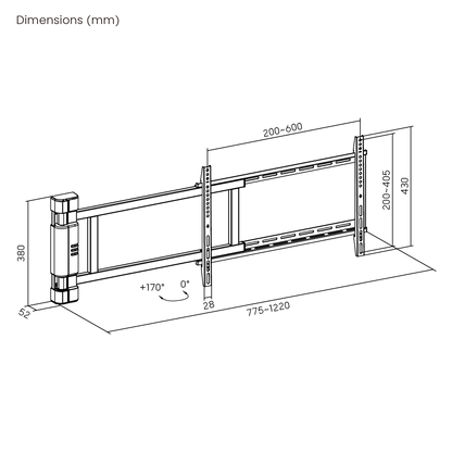 Dimension drawing of the Lumi PLB-M06 motorized TV wall mount showing overall size and mounting dimensions