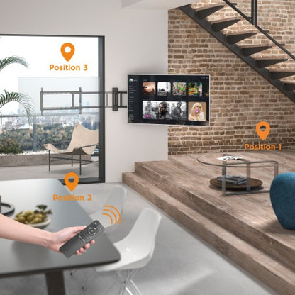 Lumi PLB-M06 motorized TV wall mount installed in a room with a wall-mounted TV