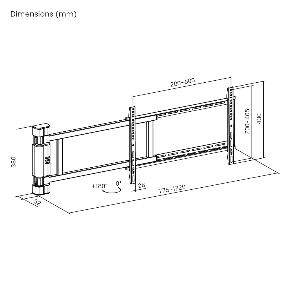 Dimension drawing of the Lumi PLB-M06H full-motion TV wall mount showing overall size and mounting dimensions