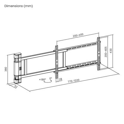 Dimension drawing of the Lumi PLB-M06H full-motion TV wall mount showing overall size and mounting dimensions