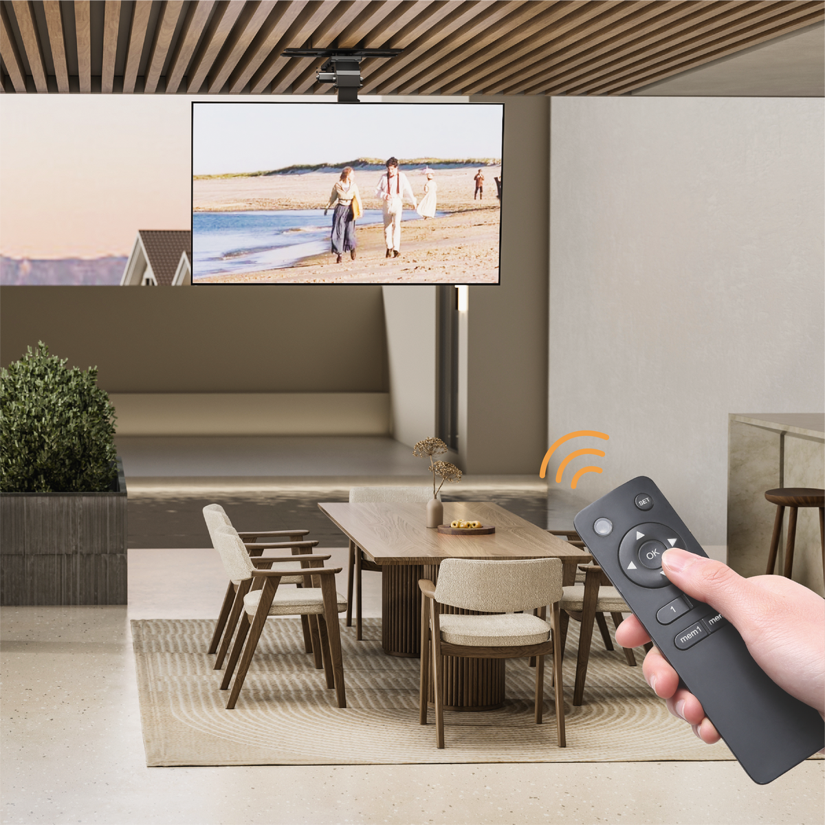 Lumi PLB-M0748DS motorized TV ceiling mount installed in a room with a ceiling-mounted TV