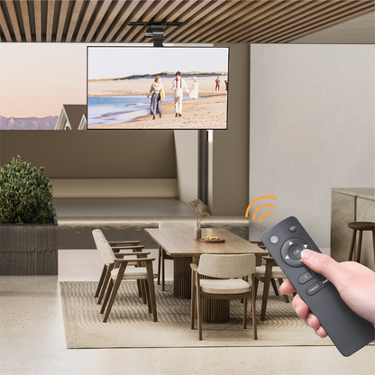 Lumi PLB-M0748DS motorized TV ceiling mount installed in a room with a ceiling-mounted TV