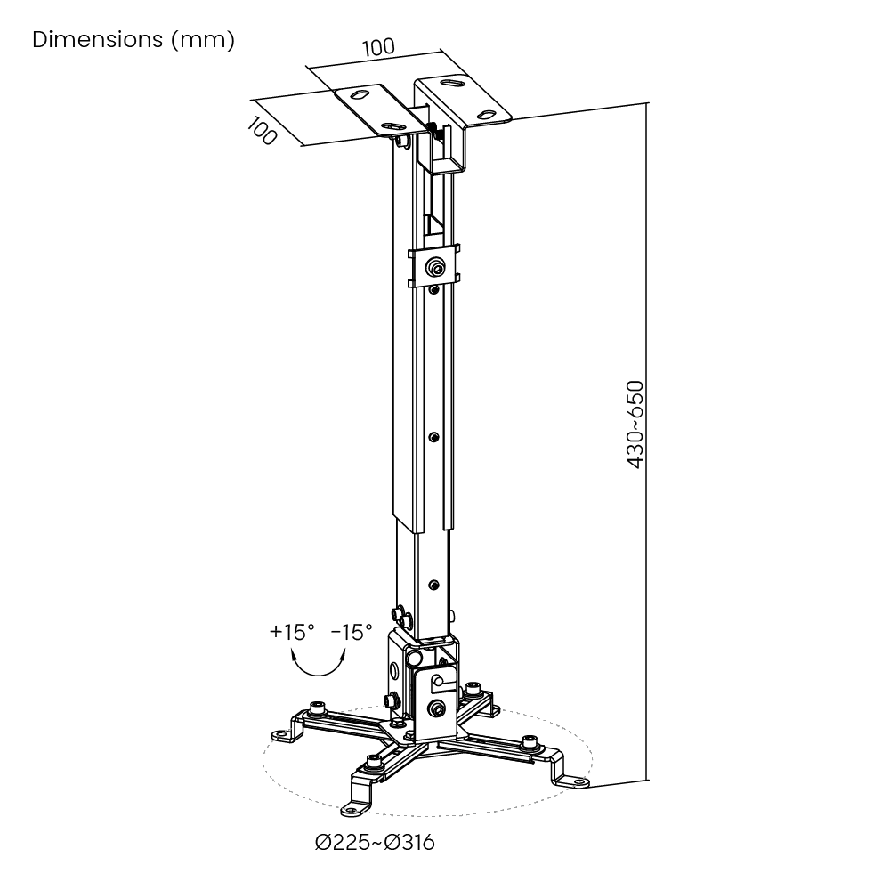 Dimension drawing of the Lumi PRB-2 projector mount showing overall size and mounting dimensions