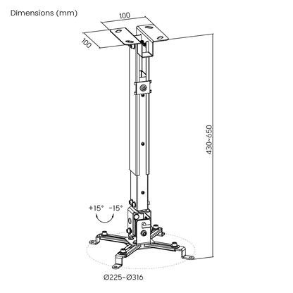 Dimension drawing of the Lumi PRB-2 projector mount showing overall size and mounting dimensions