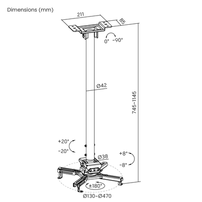 Dimension drawing of the Lumi PRB-20-01L projector mount showing overall size and mounting dimensions