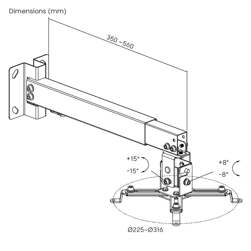 Dimension drawing of the Lumi PRB-2G projector mount showing overall size and mounting dimensions (additional view)
