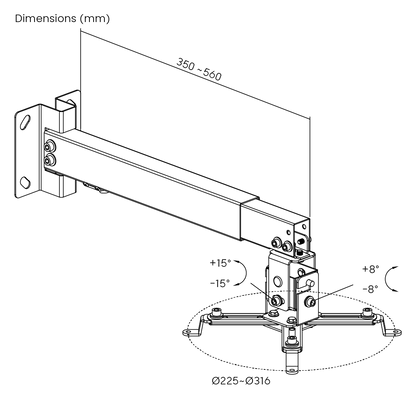Dimension drawing of the Lumi PRB-2G projector mount showing overall size and mounting dimensions (additional view)