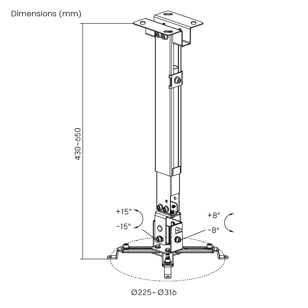 Dimension drawing of the Lumi PRB-2G projector mount showing overall size and mounting dimensions