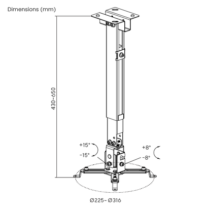 Dimension drawing of the Lumi PRB-2G projector mount showing overall size and mounting dimensions