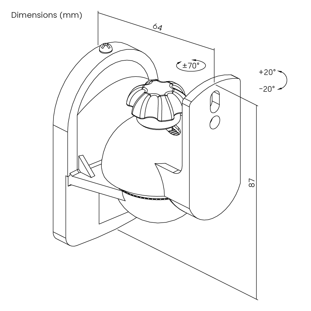 Dimension drawing of the Lumi SB-28 speaker wall mount showing overall size and mounting dimensions