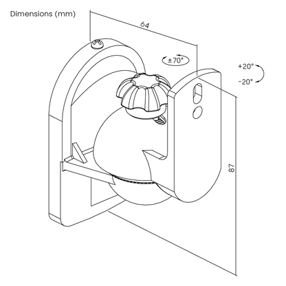 Dimension drawing of the Lumi SB-28 speaker wall mount showing overall size and mounting dimensions
