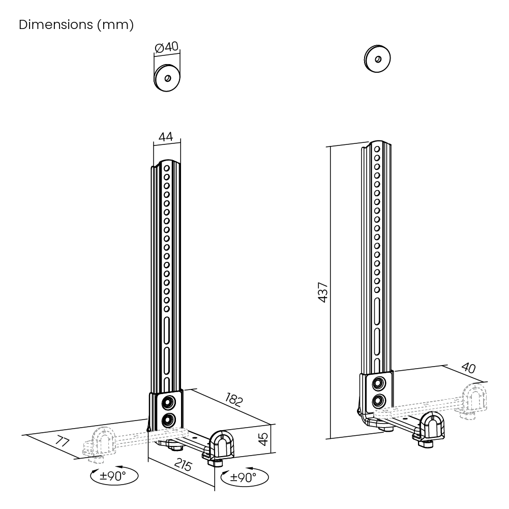 Dimension drawing of the Lumi SB-49 soundbar bracket showing overall size and mounting dimensions
