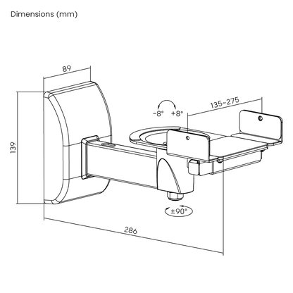 Dimension drawing of the Lumi SB-51 speaker wall mount showing overall size and mounting dimensions