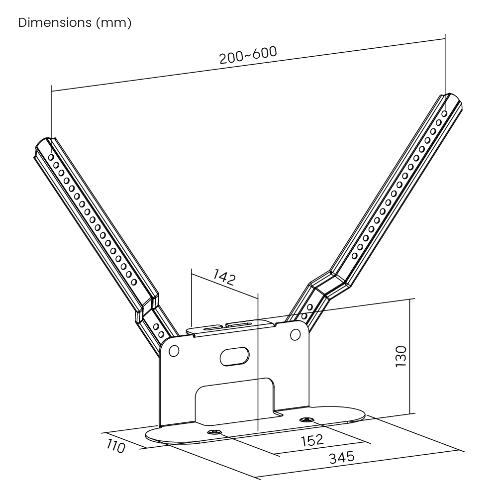 Dimension drawing of the Lumi SB-61 soundbar bracket showing overall size and mounting dimensions