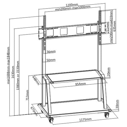 Dimension drawing of the Lumi T1035L TV cart showing overall size and mounting dimensions