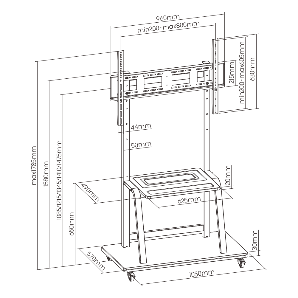 Dimension drawing of the Lumi T1035ME TV cart showing overall size and mounting dimensions
